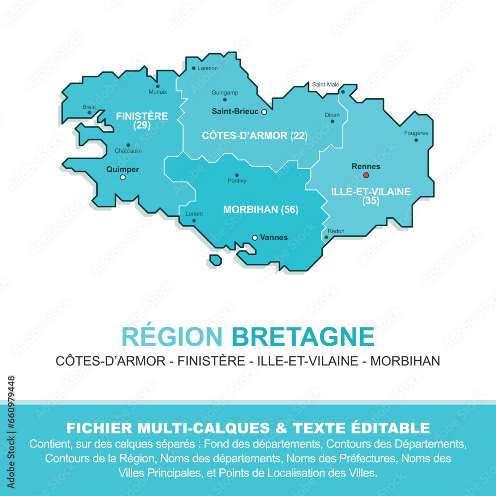 Carte de la région Bretagne, ses départements et ses villes - obrazy, fototapety, plakaty 
