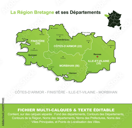 Carte de la région Bretagne, ses départements et ses villes
