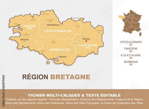 Carte de la région Bretagne, ses départements et ses villes
