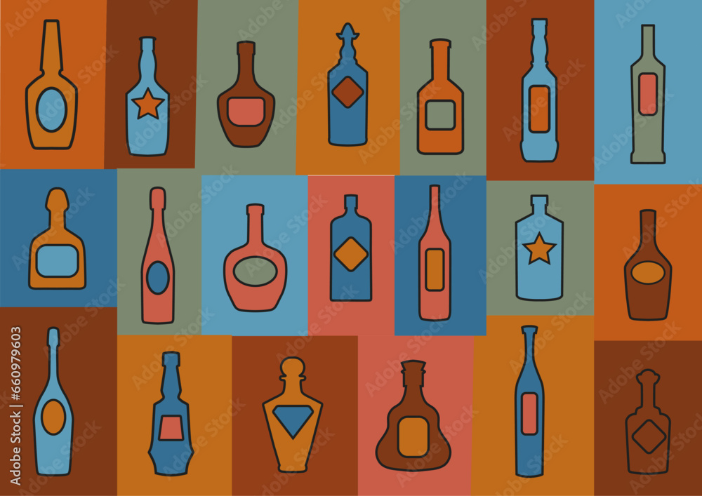 set of alcohol wine bottles and glasses colorful art icon set of alcohol wine bottles and glasses colorful art icon