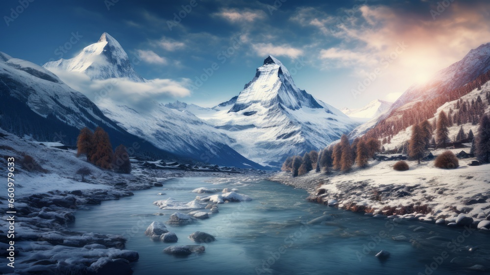 Retro Design of Snowy Swiss Mountains and River