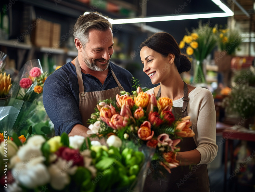 Radiant Florist Crafting a Beautiful Bouquet as a Customer Watches with Delight, Capturing the Essence of Nature's Beauty and Personal Connection Radiant Florist Crafting a Beautiful Bouquet as a Customer Watches with Delight, Capturing the Essence of Nature's Beauty and Personal Connection