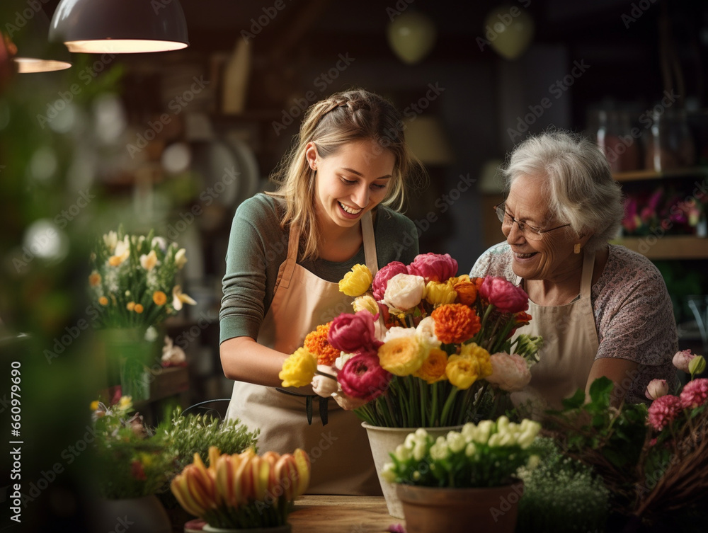 Radiant Florist Crafting a Beautiful Bouquet as a Customer Watches with Delight, Capturing the Essence of Nature's Beauty and Personal Connection Radiant Florist Crafting a Beautiful Bouquet as a Customer Watches with Delight, Capturing the Essence of Nature's Beauty and Personal Connection
