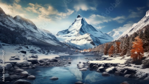 Retro style poster of snowy swiss mountains and river © jesica