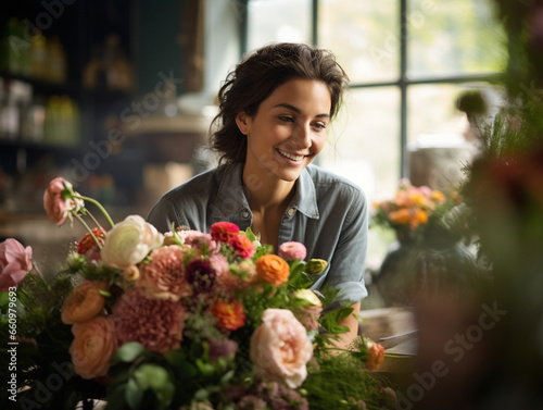 Radiant Florist Crafting a Beautiful Bouquet as a Customer Watches with Delight, Capturing the Essence of Nature's Beauty and Personal Connection © Moritz