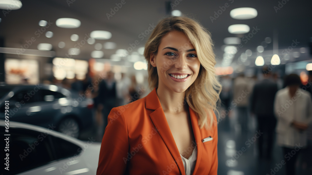 Positive pretty young woman at a car exhibition indoors - obrazy, fototapety, plakaty 