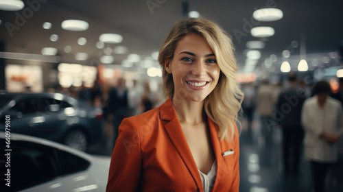 Positive pretty young woman at a car exhibition indoors photo