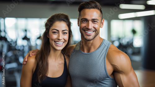 Portrait of sports man and woman training together in a gym photo
