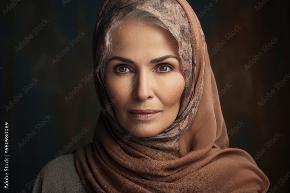 Portrait of a confident and joyful mature Muslim woman combining traditional clothing with a modern and friendly expression. Portrait of a confident and joyful mature Muslim woman combining traditional clothing with a modern and friendly expression.