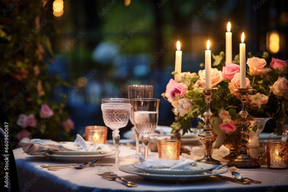 A romantically decorated dinner table at a luxury event, decorated with candles and elegant tableware.