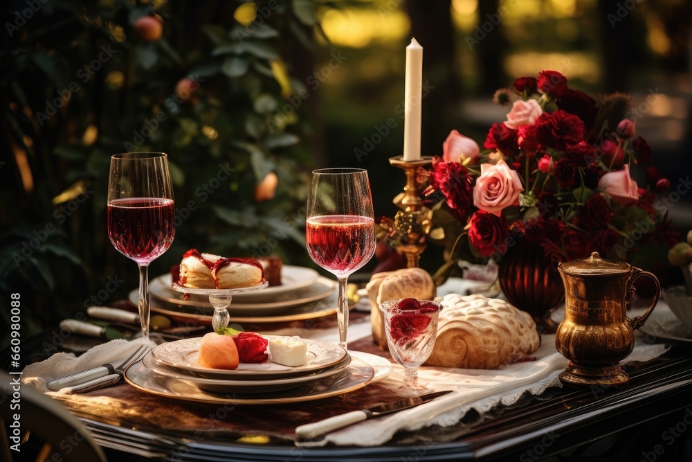 A delightful al fresco dinner with wine, fruit and delicious food for a romantic holiday.