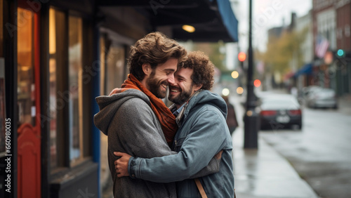 Adorable photo of a gay couple hugging on the street © DY