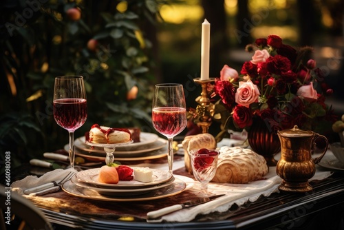 A delightful al fresco dinner with wine, fruit and delicious food for a romantic holiday.