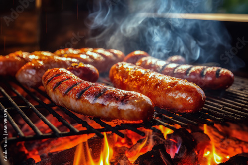Close up of grilling sausages on barbecue grill with fire. Lifestyle concept of meals and holidays.