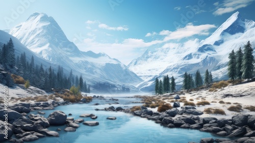 Classic Snowy Swiss Landscape with River in Retro