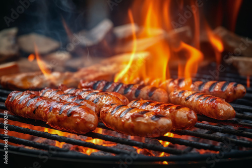 Close up of grilling sausages on barbecue grill with fire. Lifestyle concept of meals and holidays.