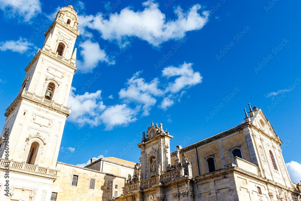 Exterior of Lecce Cathedral and bell tower, Lecce, Apulia, Italy - Europe