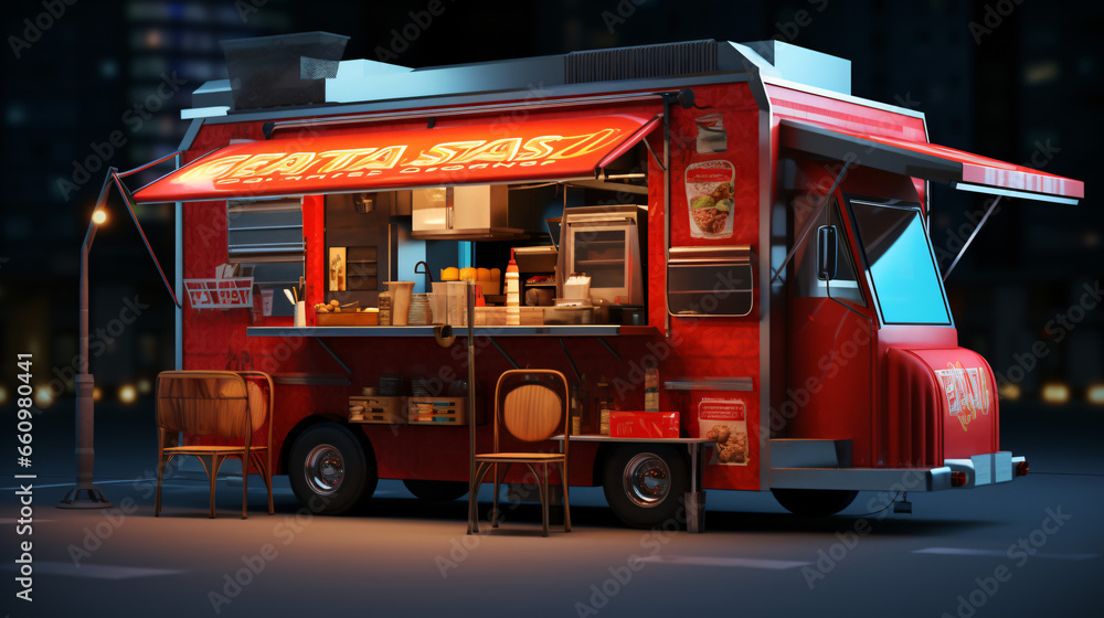 Food truck street food mobile fast food 3d rendering