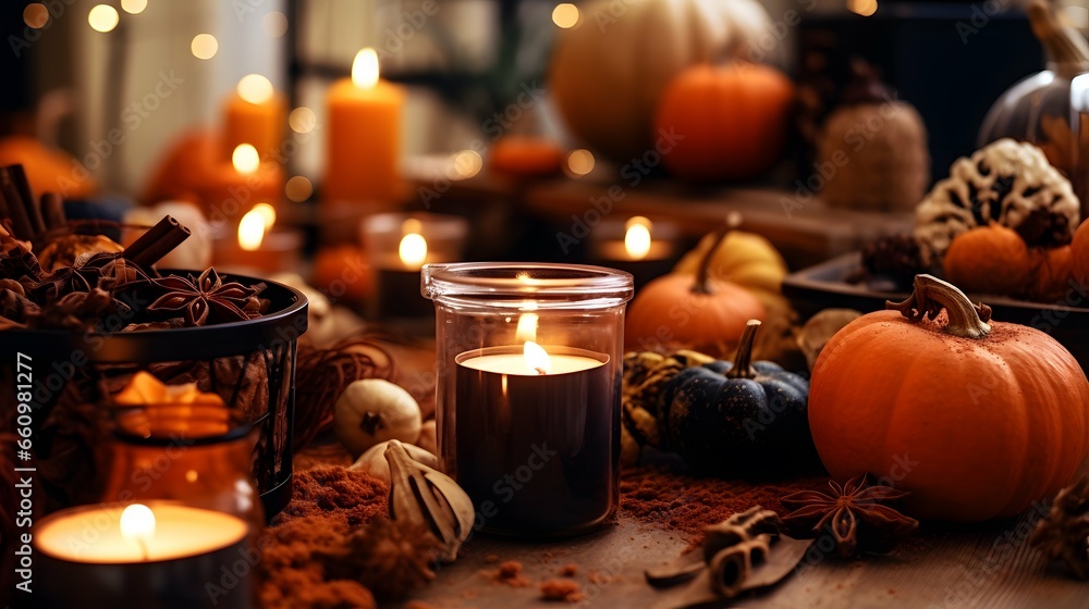 Pumpkin spice potpourri and candles, cozy background layout