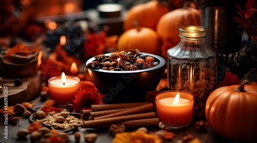 Pumpkin spice potpourri and candles  cozy background layout