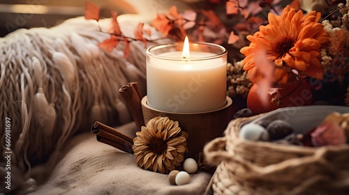 Pumpkin spice potpourri and candles  cozy background layout