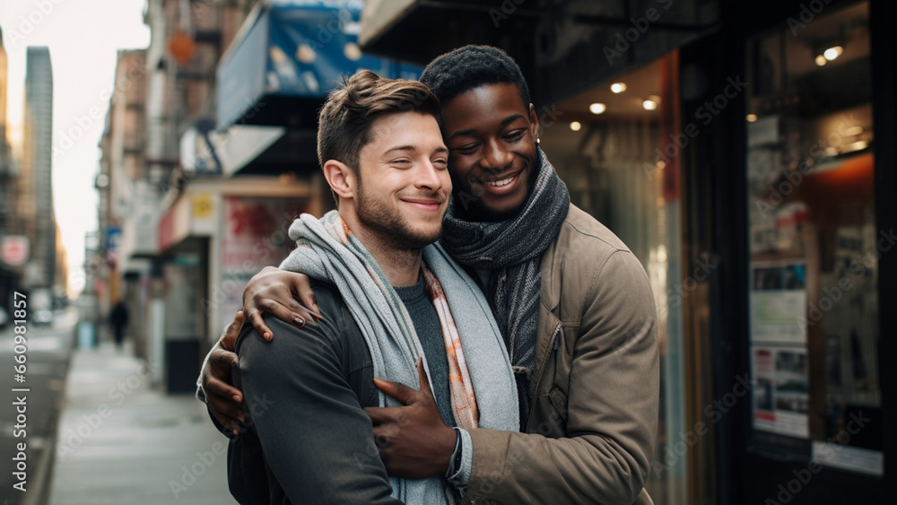 Beautiful portrait of white and black gay couple hugging on city street Beautiful portrait of white and black gay couple hugging on city street