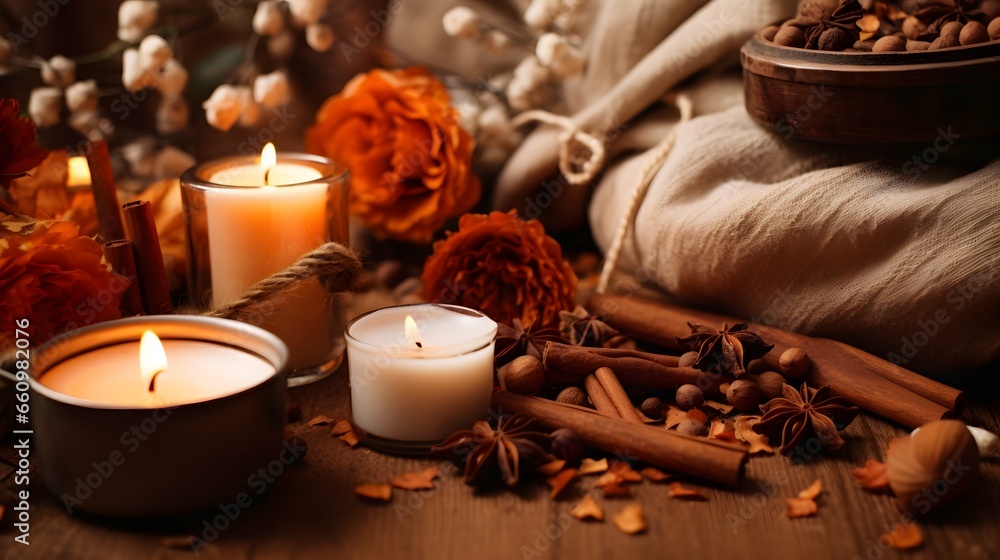 Pumpkin spice potpourri and candles, cozy background layout Pumpkin spice potpourri and candles, cozy background layout