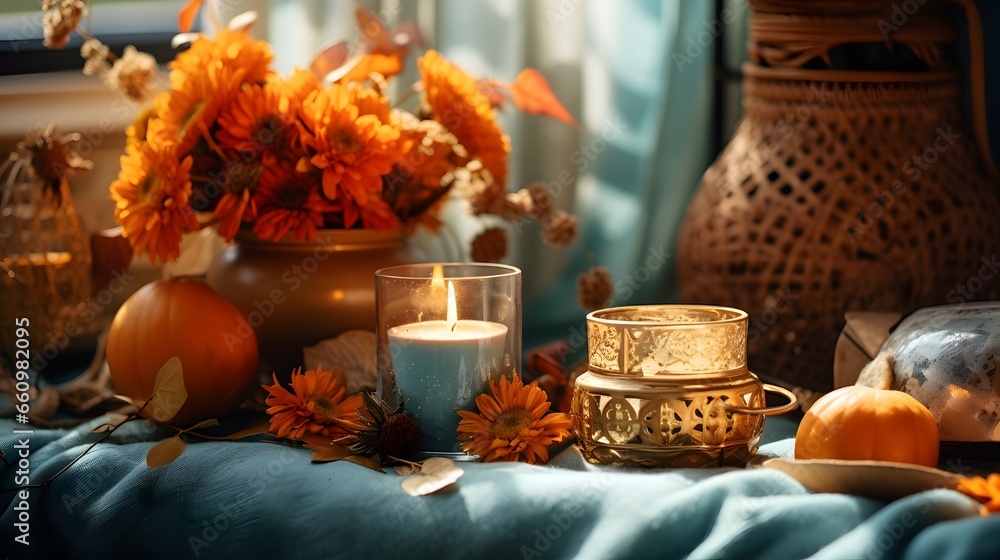 Pumpkin spice potpourri and candles, cozy background layout Pumpkin spice potpourri and candles, cozy background layout