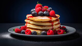 Pancakes with fresh berries on a dark background. Selective focus.