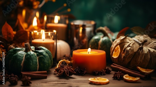 Pumpkin spice potpourri and candles, cozy background layout