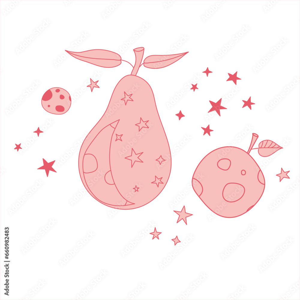 cosmic pears and apples among the stars, fantasy alien comet fruits in
