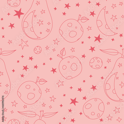 cosmic pears and apples among the stars, seamless pink space pattern, funky comet fruits in space