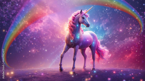 A rainbow-sparkled fantasy unicorn  pastel glitter  a pink fantasy galaxy  a magical mermaid sky with bokeh  stars  and sparkles.