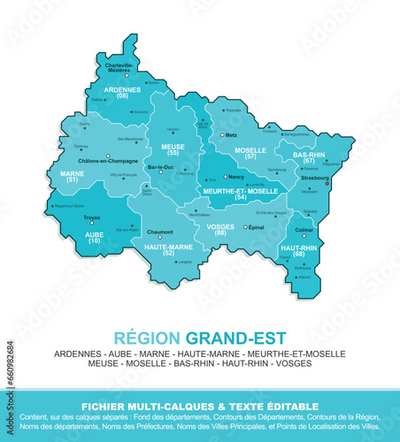 Carte de la région Grand-Est, ses départements et ses villes © JeromeCronenberger