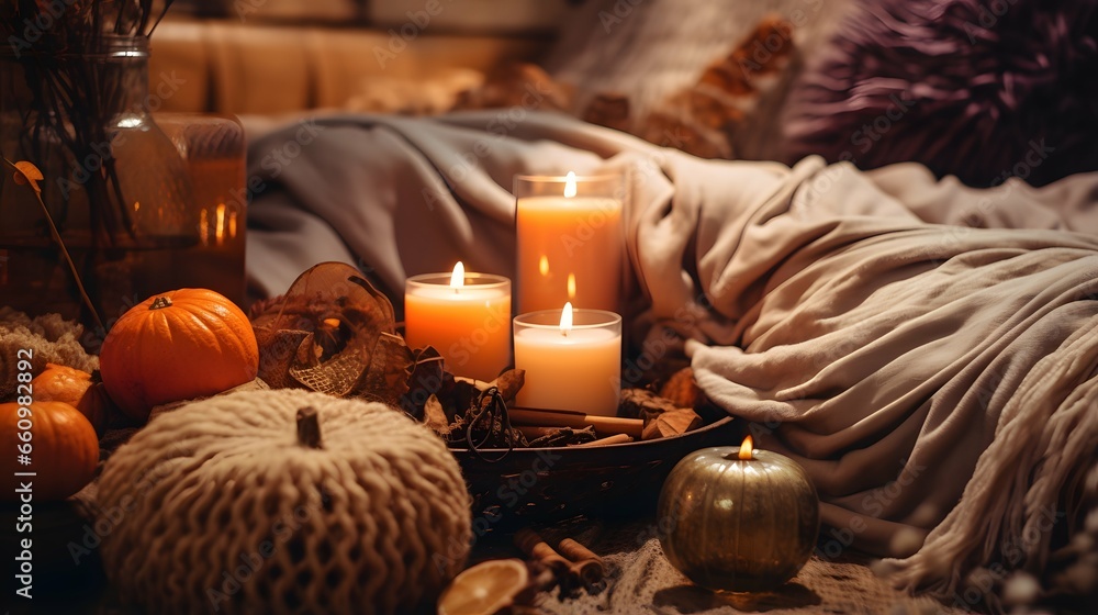 Pumpkin spice potpourri and candles, cozy background layout Pumpkin spice potpourri and candles, cozy background layout