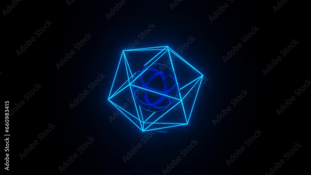 Neon glowing cage with mirror sphere inside rotates in a dark space with reflections on the floor. Realistic 3d design concept with geometric shapes Neon glowing cage with mirror sphere inside rotates in a dark space with reflections on the floor. Realistic 3d design concept with geometric shapes