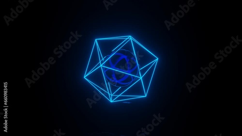 Neon glowing cage with mirror sphere inside rotates in a dark space with reflections on the floor. Realistic 3d design concept with geometric shapes (ID: 660983415)