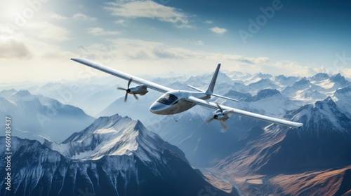 Modern glider flying in the background of high mountains peaks