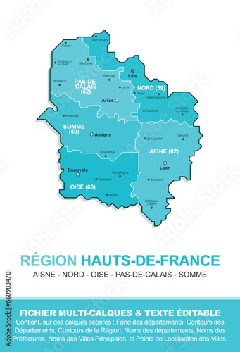 Carte de la région Hauts-de-France, ses départements et ses villes