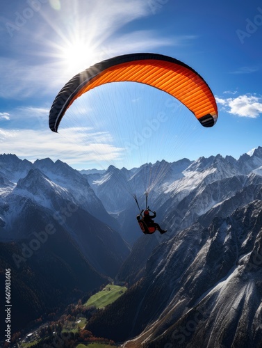 Paraglider flying in the beautiful valley between mountains