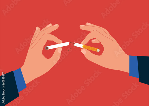 Quitting smoking cigarettes. Quit bad habit, health care. Holding broken cigarette in hands. Flat vector illustration