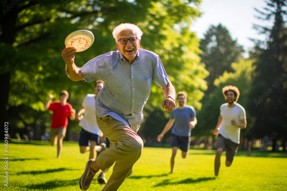 In a lush park, seniors engage in a friendly game of frisbee, their smiles radiant as they run and leap to catch the flying disc, their camaraderie and vitality shining through.  - obrazy, fototapety, plakaty 