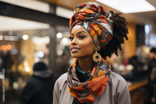 Portrait of attractive afro american black woman wearing fashion eco clothes in natural autumn beige and orange colors with ethnic ornaments. Shopping concept. Close up.
