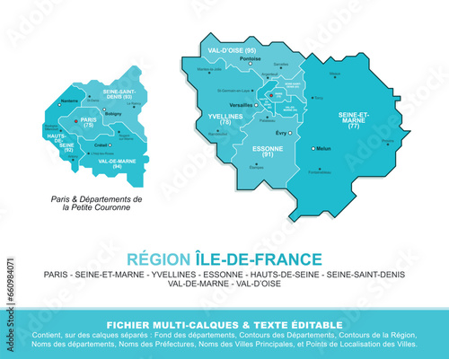 Carte de la région Île-de-France, ses départements et ses villes photo