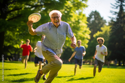 In a lush park, seniors engage in a friendly game of frisbee, their smiles radiant as they run and leap to catch the flying disc, their camaraderie and vitality shining through.  photo