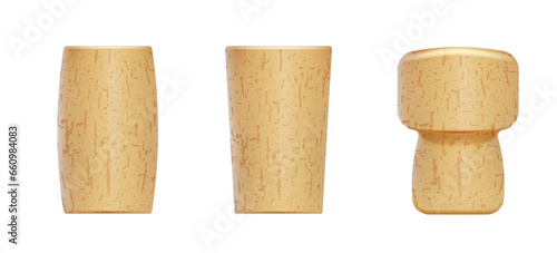 Set of cork wood or plastic wine stoppers with light texture isolated on white background. Vector illustration