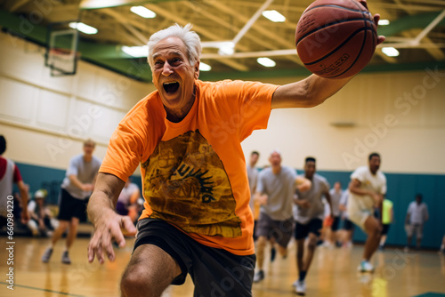 In a bustling community center, senior athletes engage in a lively game of basketball, their jubilant expressions and quick movements exemplifying the energy, teamwork, and competi 