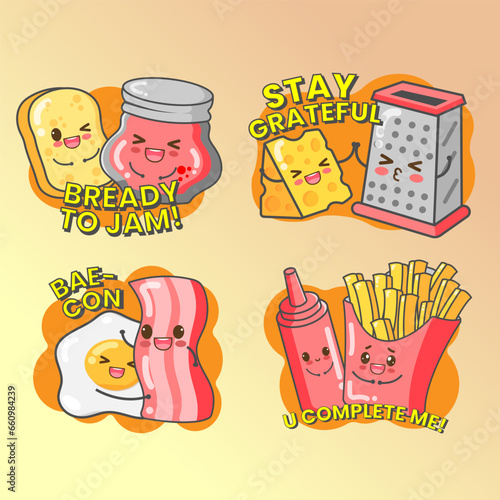 Vector Cute Food Couple Cheese Bacon Egg Fries Bread Jam with Quotes Icon Stickerpack