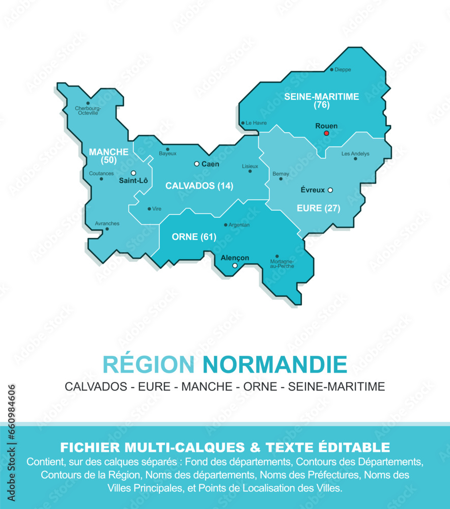 Carte de la région Normandie, ses départements et ses villes
