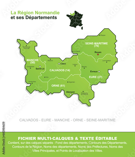 Fotografie Carte de la région Normandie, ses départements et ses villes
